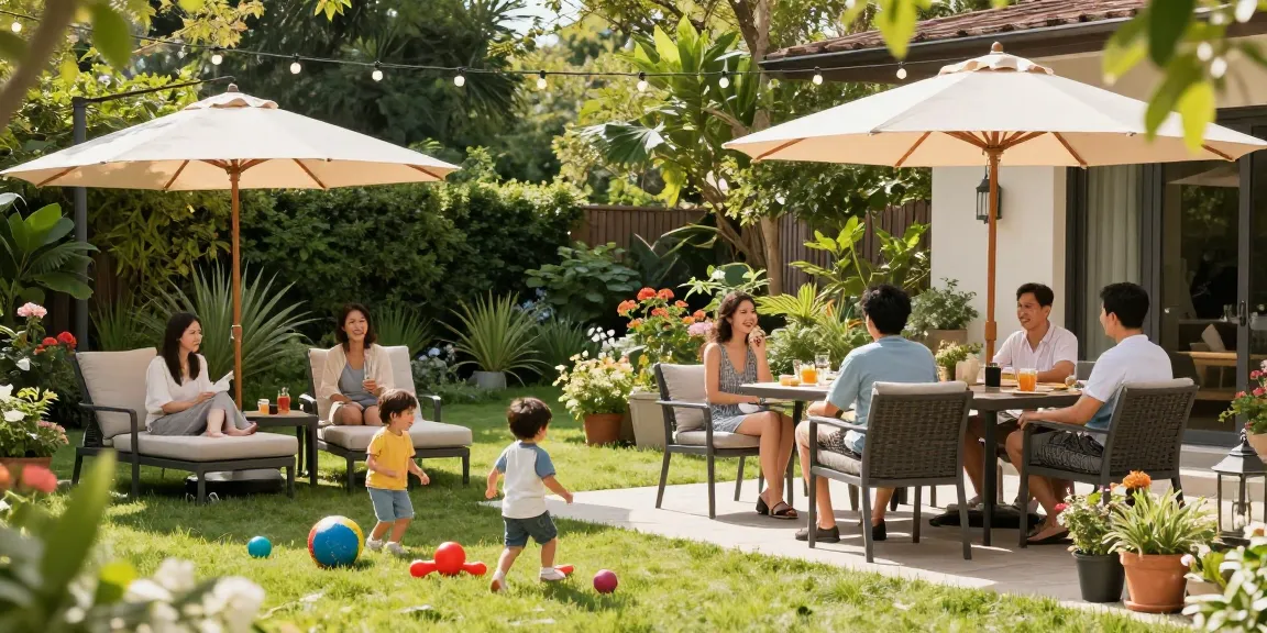 Family enjoying a sunny afternoon with durable outdoor furniture in a stylish patio setting.
