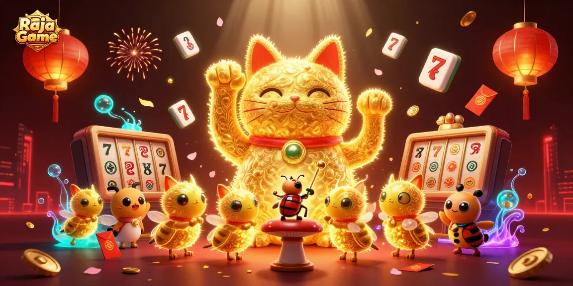 Play exciting games on Raja Game with a vibrant scene featuring a lucky cat and casino elements.