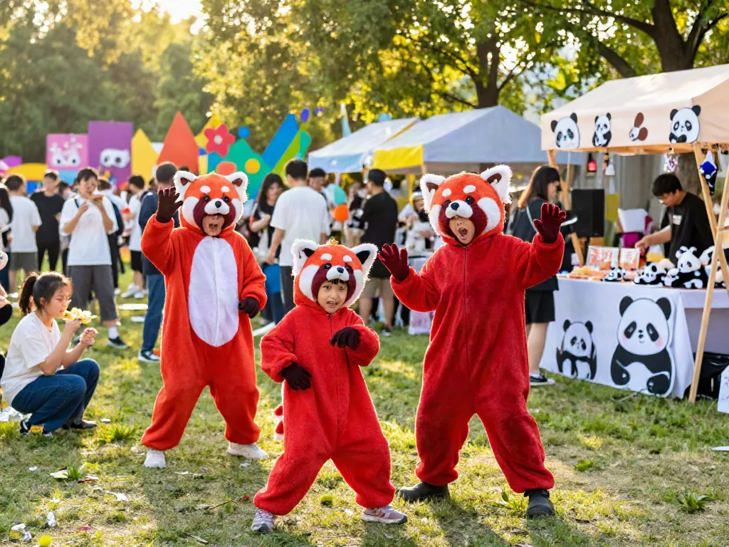 Children in red panda costume enjoying a lively outdoor festival