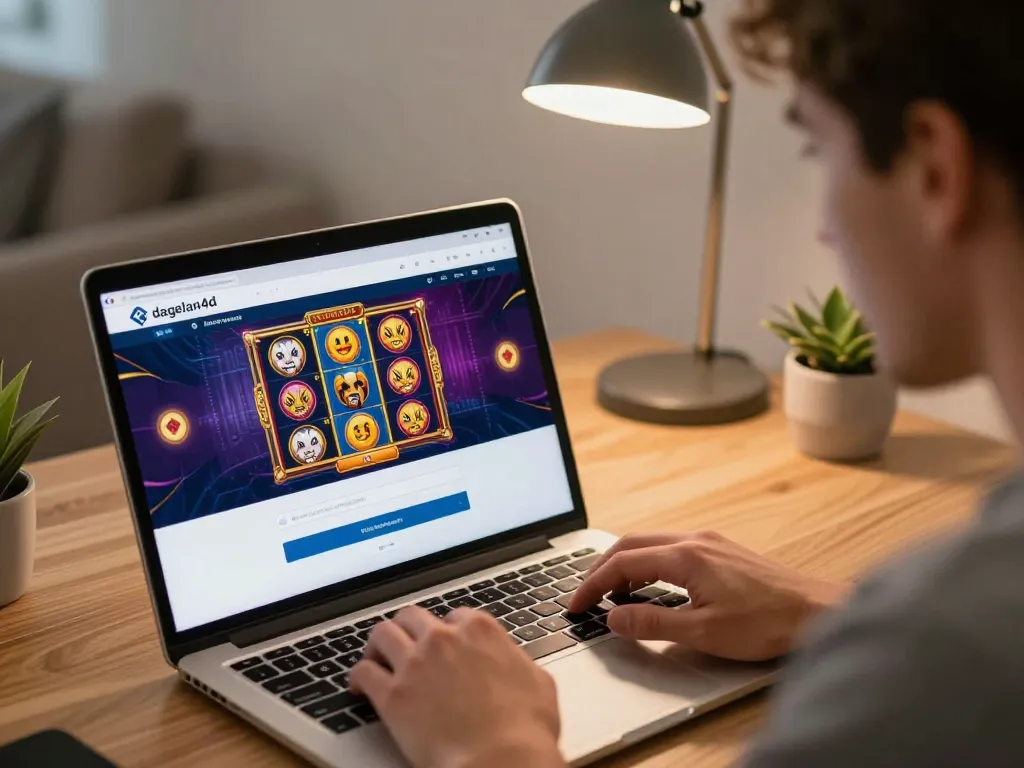 Engaged player accessing the dagelan4d login for online casino gaming, captured in a cozy home setting.
