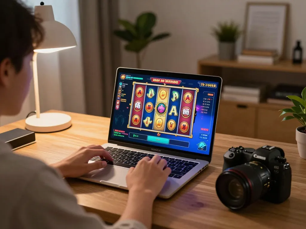 Engaging gameplay scene featuring no hu slot game on a laptop in a cozy home setting.