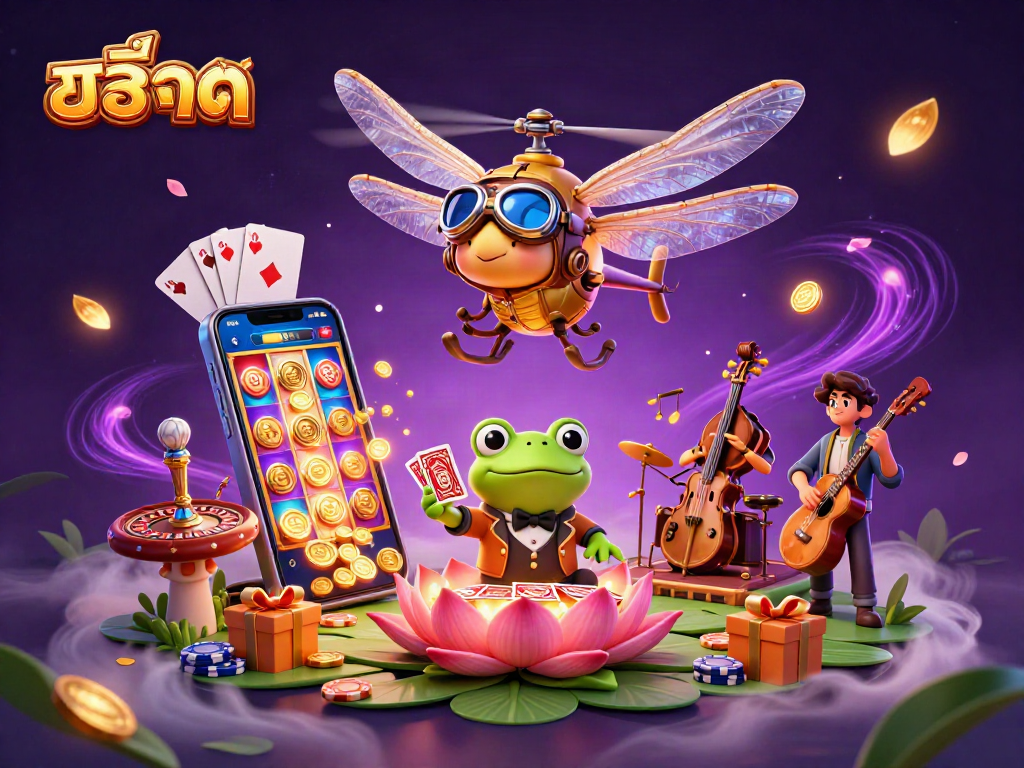 Engage with exciting สล็อต games as a helicopter pilot dragonfly hovers over a vibrant casino scene.