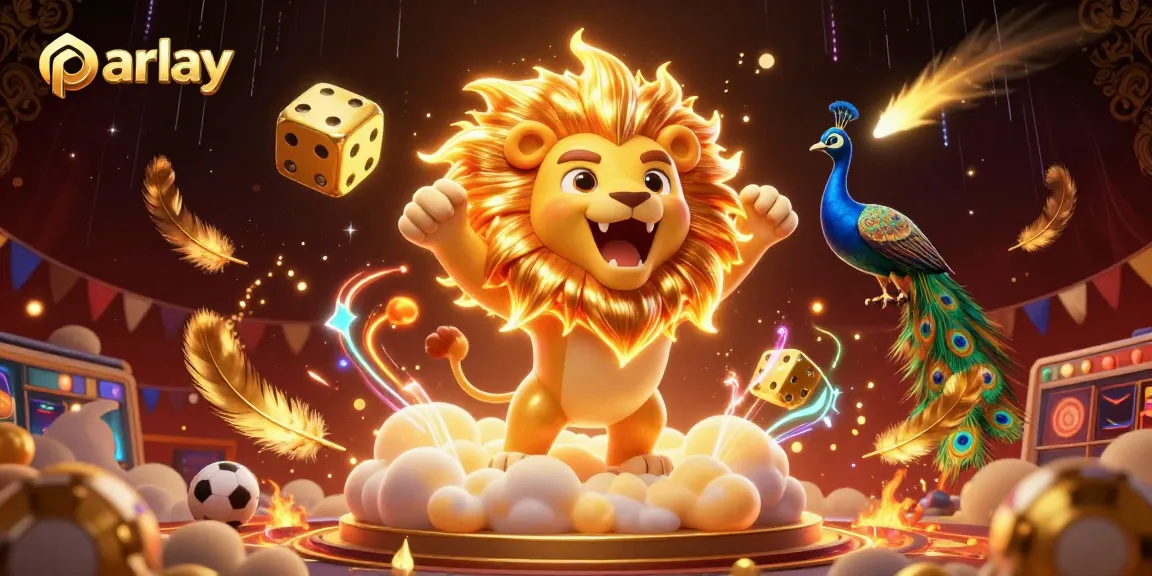 Experience parlay betting excitement with a dynamic 3D casino illustration featuring sports elements and a roaring sun lion.