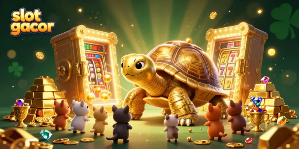 Experience the thrill with slot gacor featuring a golden tortoise in a vibrant casino scene.