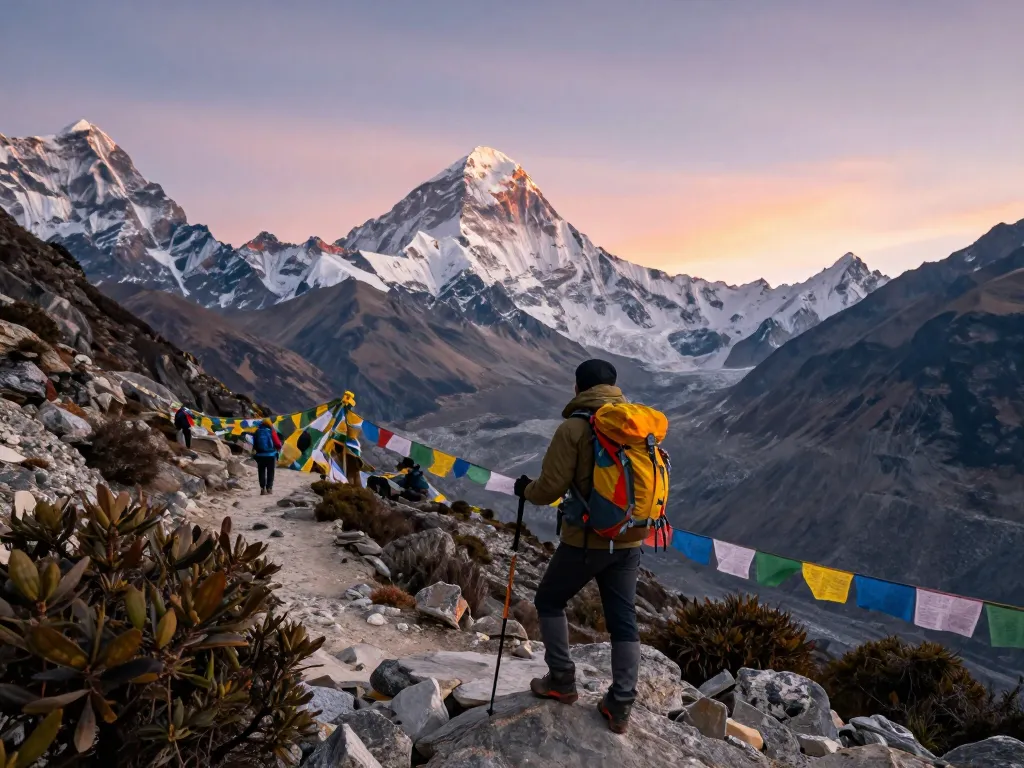 Everest Base Camp trekker gazing at mountains at sunset, showcasing adventure and exploration.