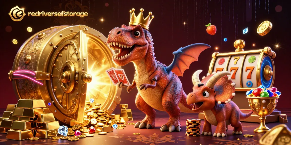 Experience the excitement at redriverselfstorage with a friendly T-Rex shuffling cards amidst glittering casino elements.