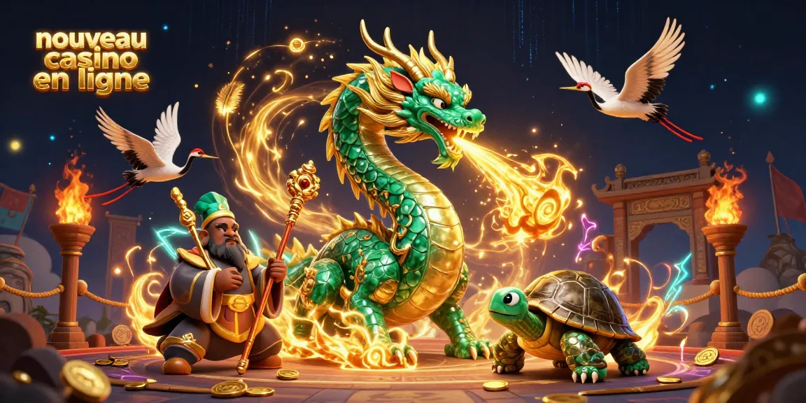 Illustration d'un nouveau casino en ligne mettant en scène un dragon émeraude et une tortue sage, entourés de jetons d'argent.