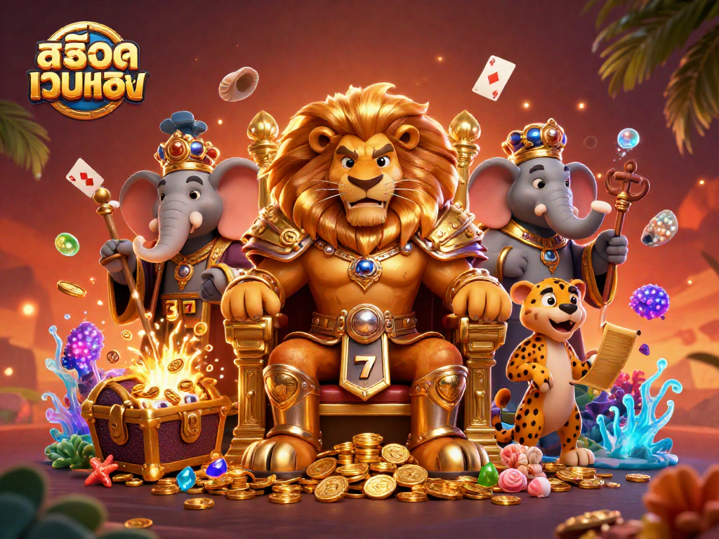 Engage with สล็อตเว็บตรง and experience thrilling slot action surrounded by vibrant treasures in a dynamic scene.