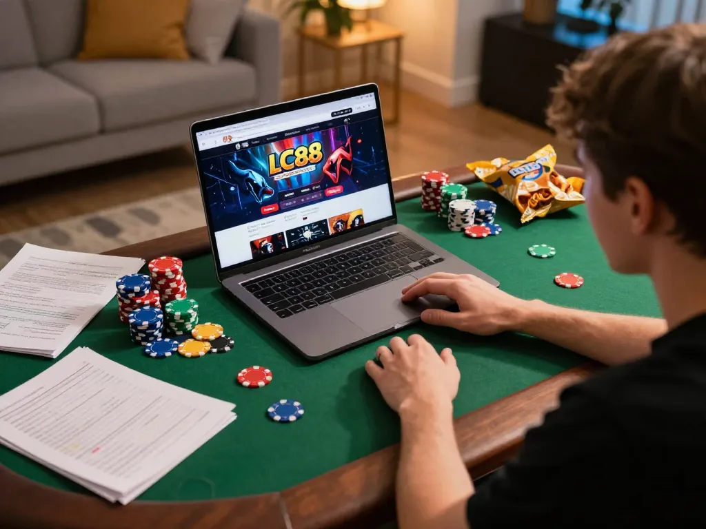 Player enjoying an online gaming session on lc88 with strategy notes and colorful chips.