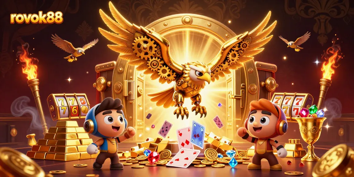 Experience the thrill of rokok88 with a cybernetic eagle amidst vibrant casino elements.