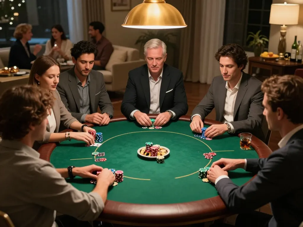 Players enjoying a thrilling poker night at RR88co, with a vibrant home atmosphere and dynamic gameplay.