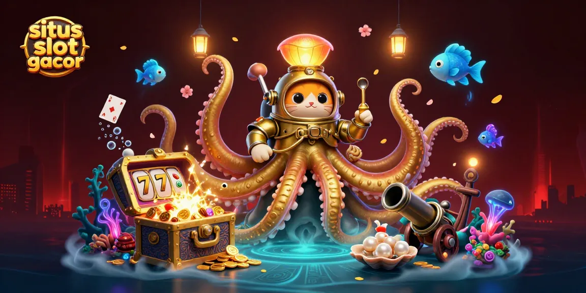 Engage with situs slot gacor showcasing vibrant underwater casino elements, including a colossal kraken and diving cat.