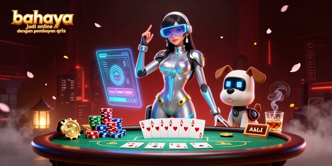 Engaging scene showcasing the dangers of online gambling with QRIS payments, featuring a futuristic woman and robot dog.
