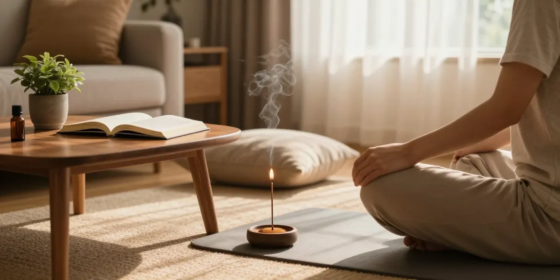 A serene space where someone lights buy-bizarro-herbal-incense-25g for relaxation and meditation.
