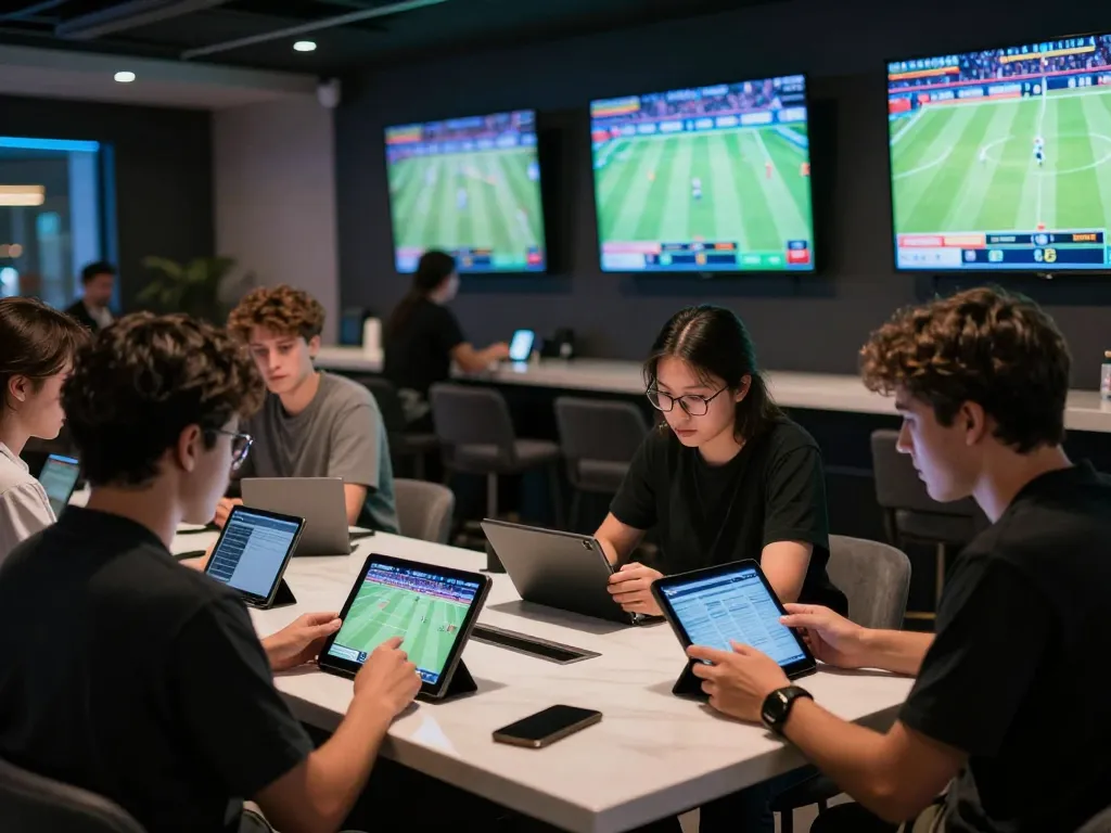 Engaged bettors analyzing stats for RR88 sports betting in a stylish lounge