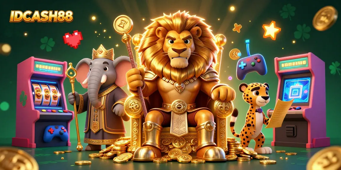 Experience thrilling gameplay with IDCASH88 as a lion king, elephant advisor, and cheetah messenger amidst vibrant gaming elements.