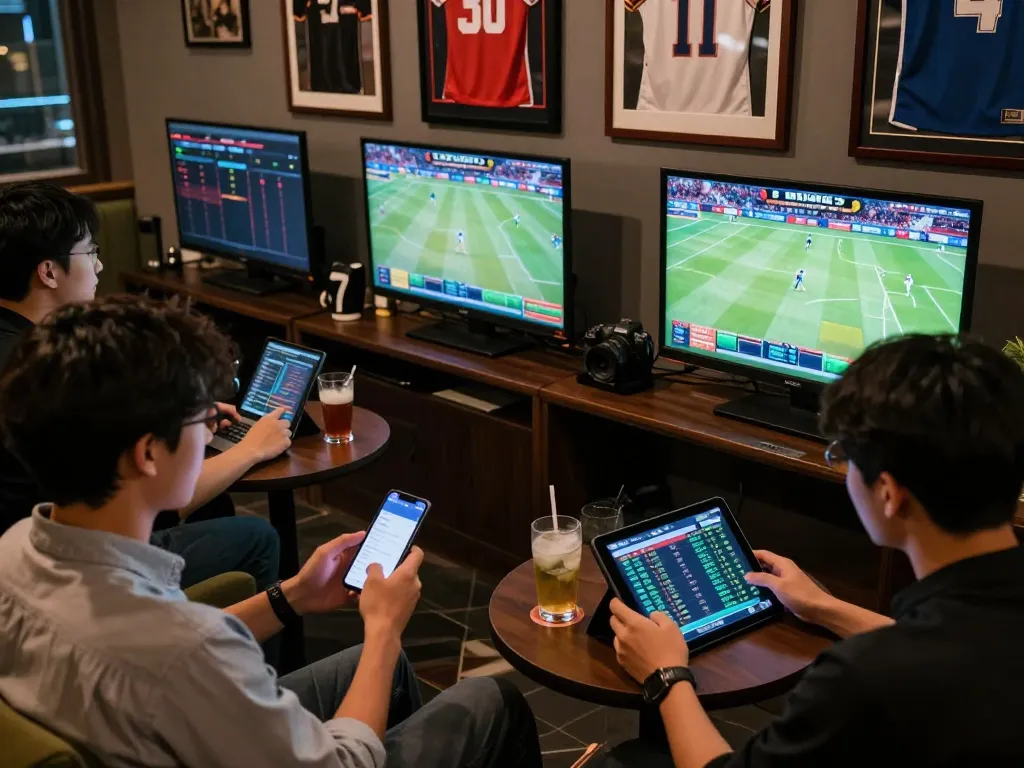 Betting on live sports action at HAY88x, with screens displaying game stats and smartphone in use.
