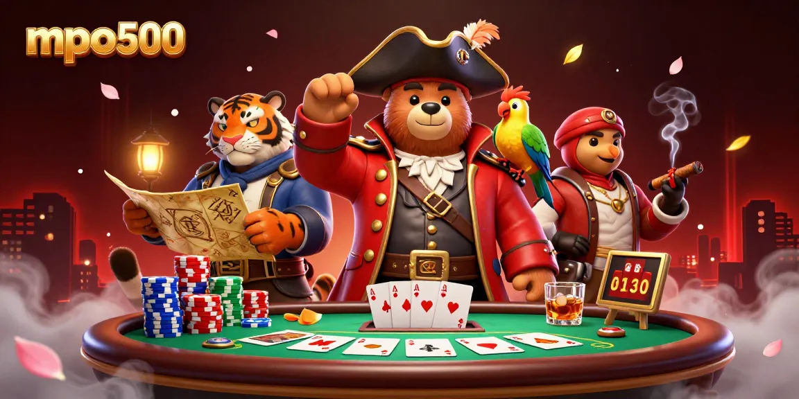 Experience the excitement of mpo500 with thrilling casino elements in a vibrant pirate-themed illustration.