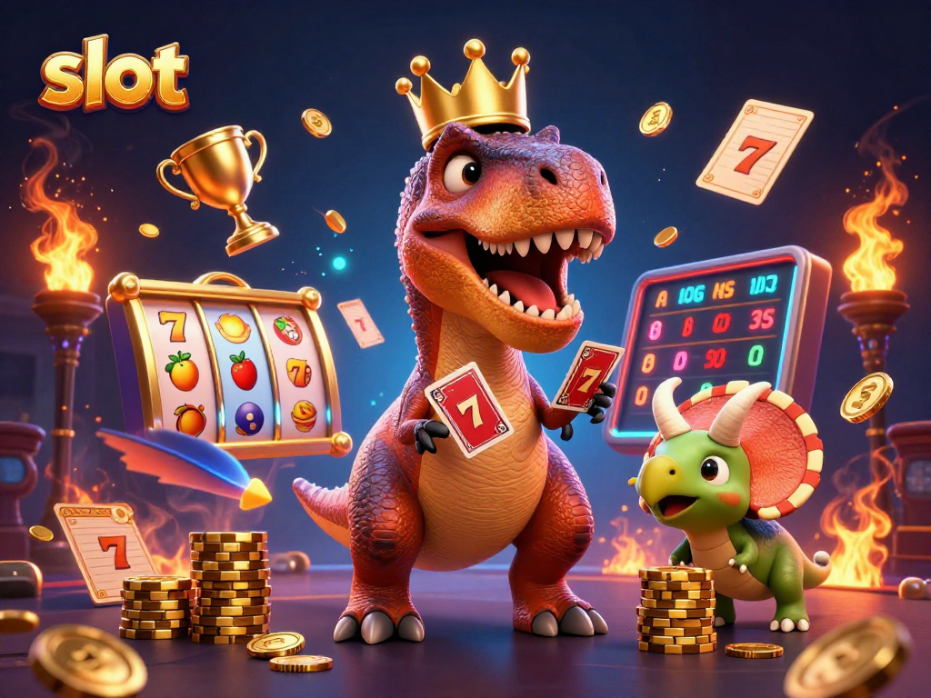 Engaging slot game scene with T-Rex, pterodactyl, and triceratops among spinning reels and coins