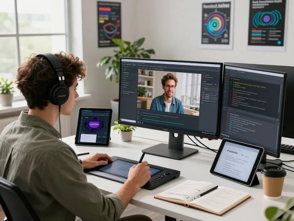 Young developer at a modern workspace using an image to prompt generator to create AI prompts for various models.