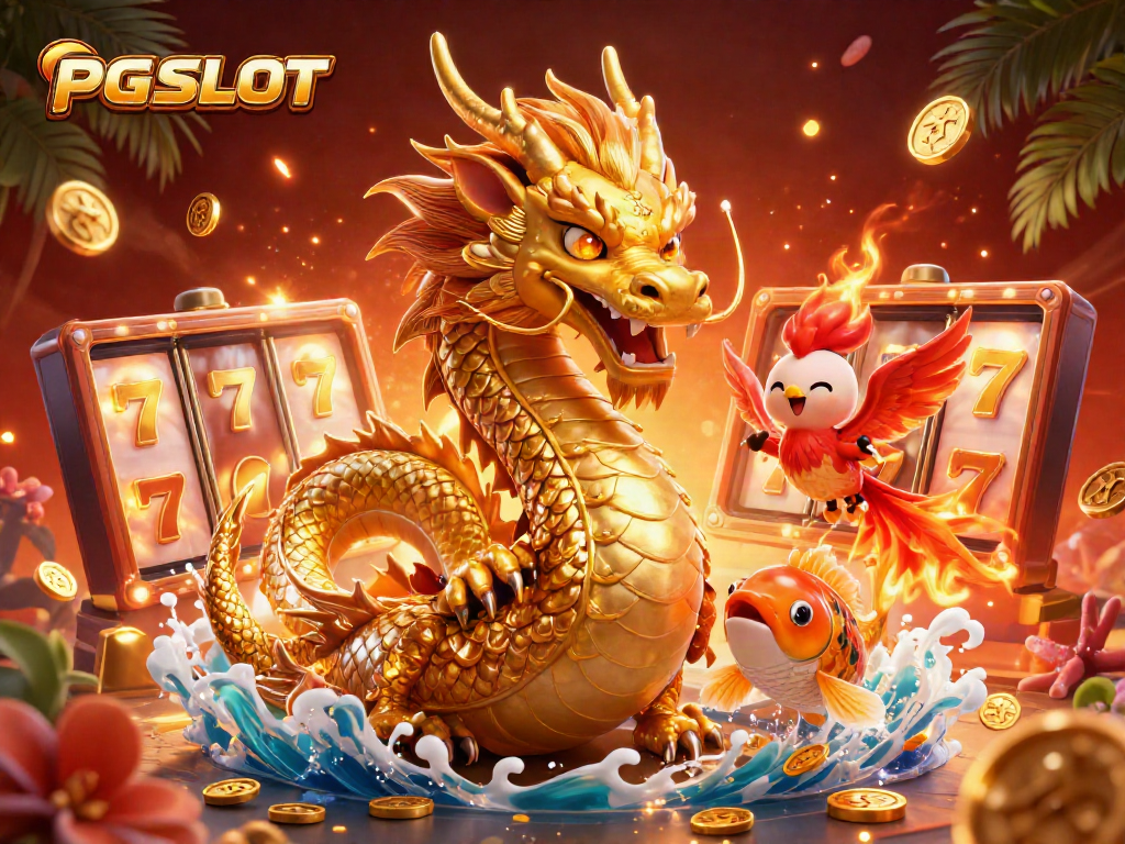 Experience thrilling PG SLOT action with a golden dragon, phoenix, and koi fish amidst coins.