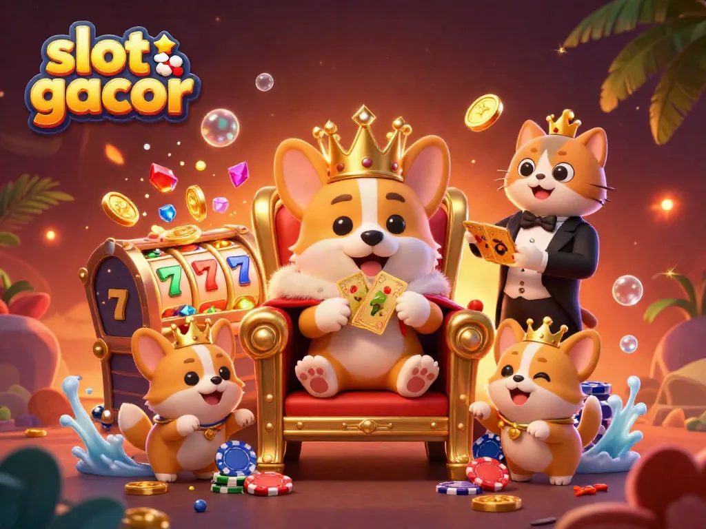 Experience the excitement of slot gacor with a vibrant 3D casino scene featuring a royal corgi surrounded by dynamic game elements.