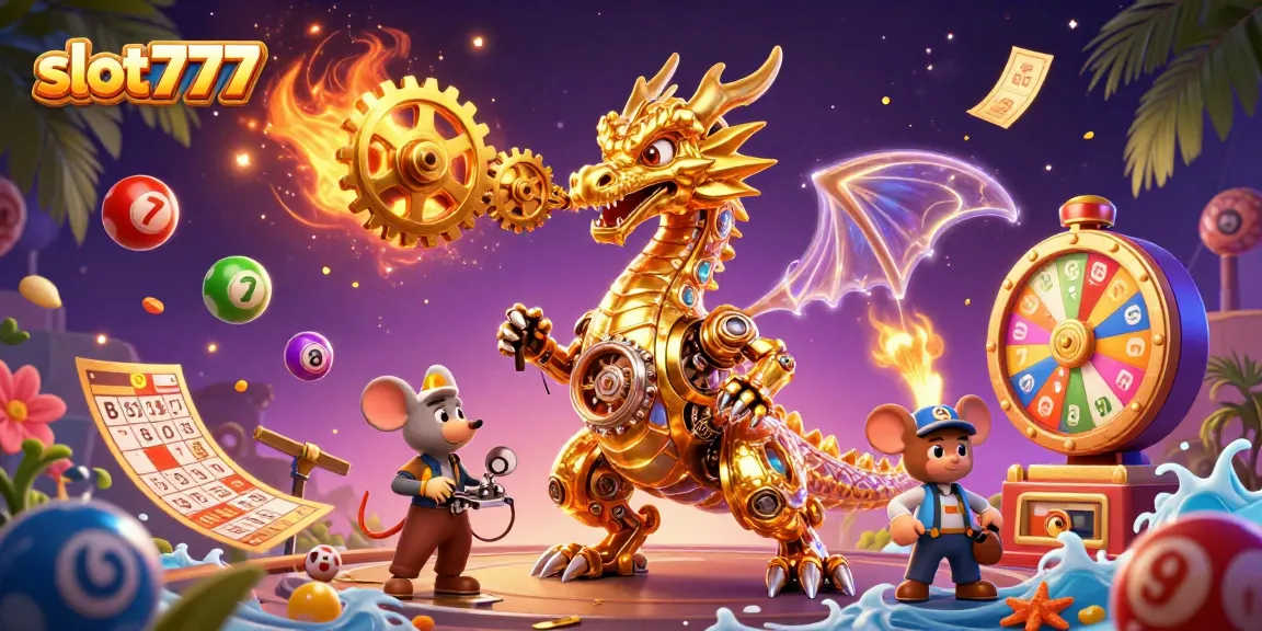Experience thrilling slot777 gaming with dynamic illustrations of a golden dragon and vibrant casino elements.