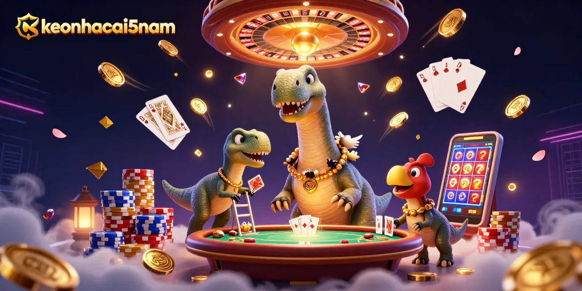 Engage with keonhacai5nam as a dinosaur dealer showcases casino excitement with dynamic card play and gold coins.