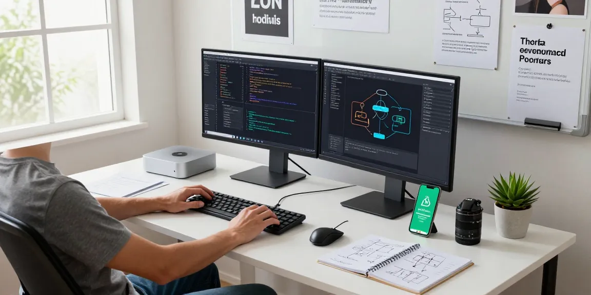 Software engineer using clawbot on dual monitors in a modern workspace