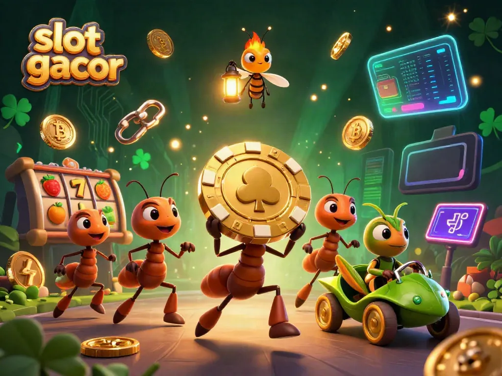 Experience exciting gameplay with slot gacor as ants steal a giant poker chip in a vibrant 3D illustration.