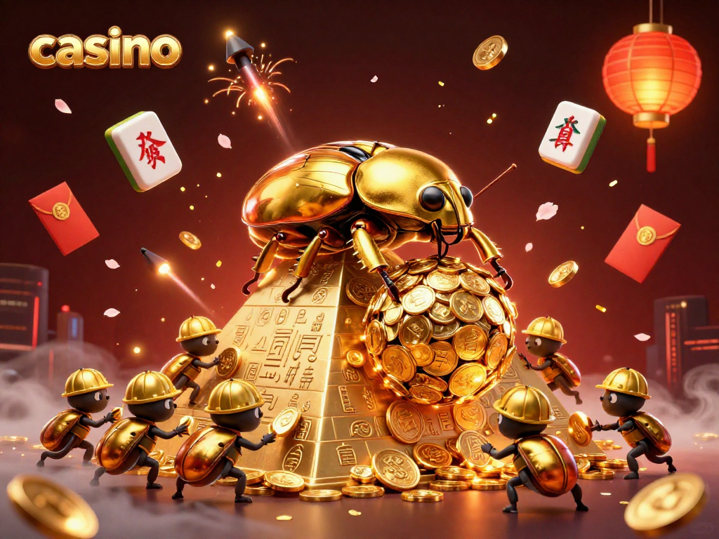 Engaging casino illustration of golden beetles rolling coins and celebrating with vibrant mahjong tiles.