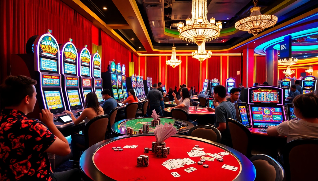 Bermain di KUY4D dengan slot dan meja yang berwarna-warni, kehadiran suasana kasino yang hidup.