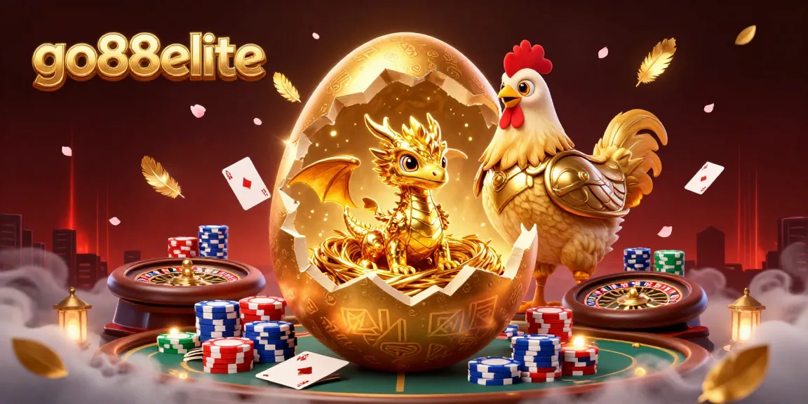 Engage with go88elite's golden casino experience, featuring a baby dragon, poker chips, and vibrant gaming elements.