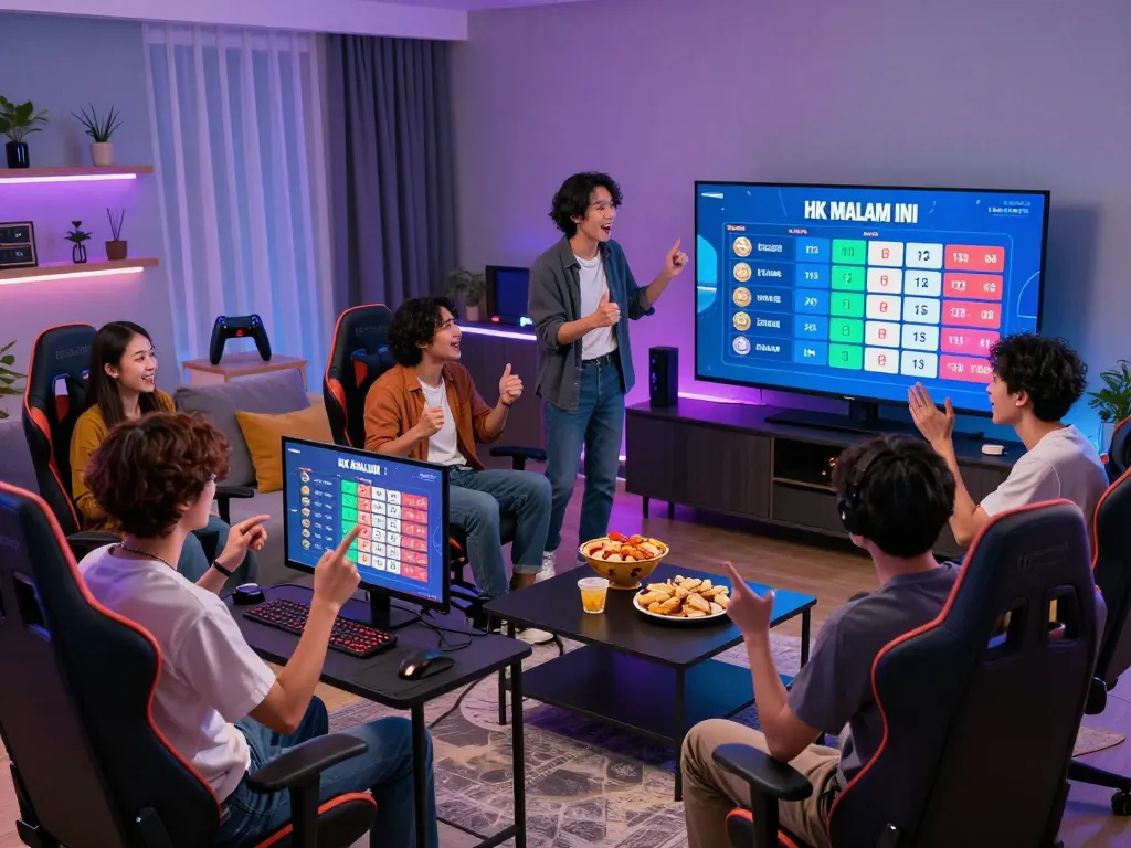 Exciting community gaming scene with players eagerly awaiting HK Malam Ini results in modern living room setting.