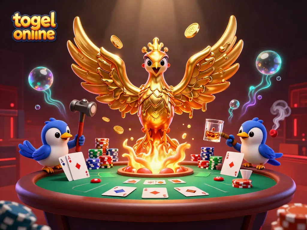 Visualize the excitement of togel online with a golden phoenix and poker elements in a captivating 3D scene.