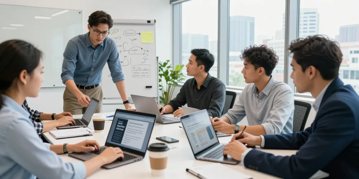Promote your servises startups in a dynamic business meeting with diverse professionals collaborating around a conference table.