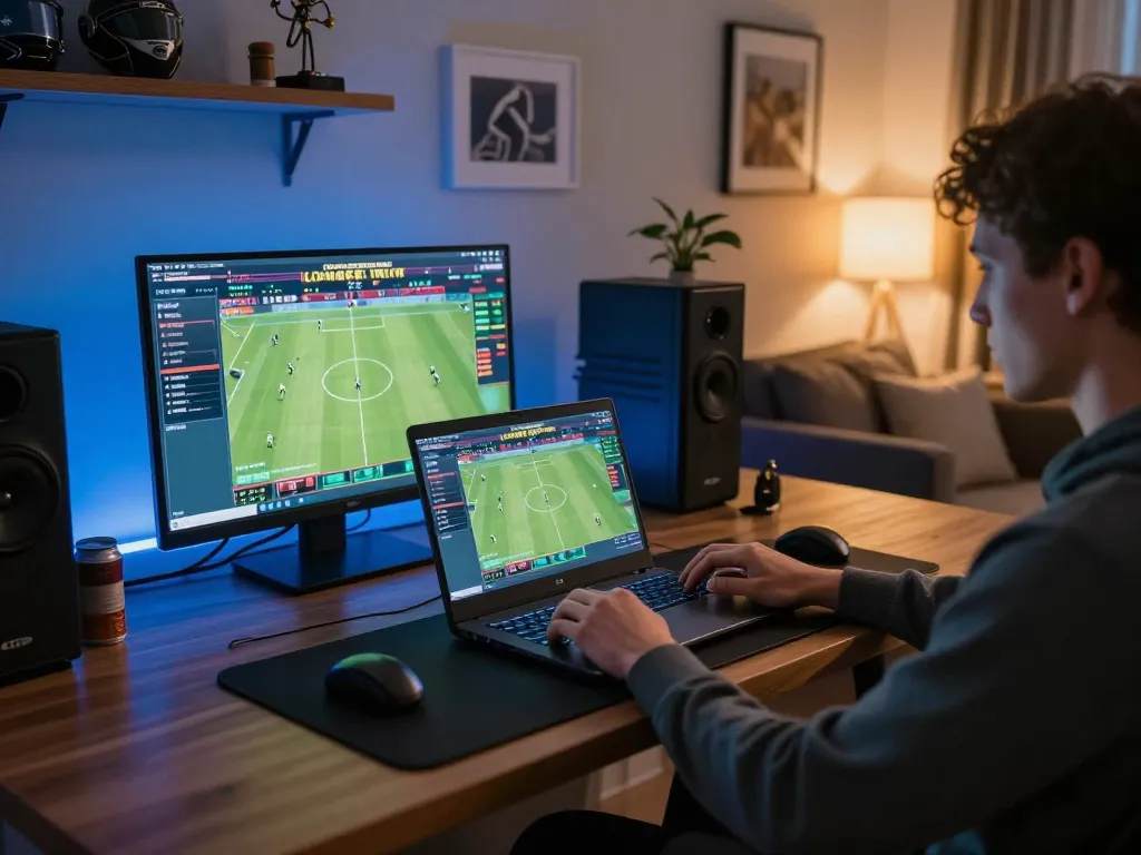 Player analyzing odds on 78wingo while betting on sports from a cozy modern home office