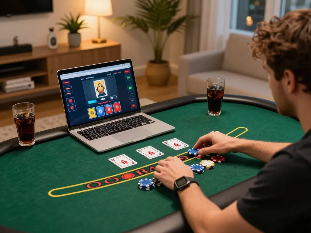 O8 player placing chips on the online blackjack table during an exciting game night
