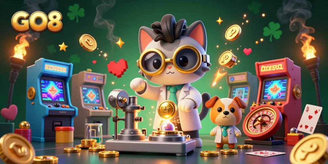 GO8's vibrant casino scene with a mad scientist cat and assistant creating golden treasures amidst game elements.