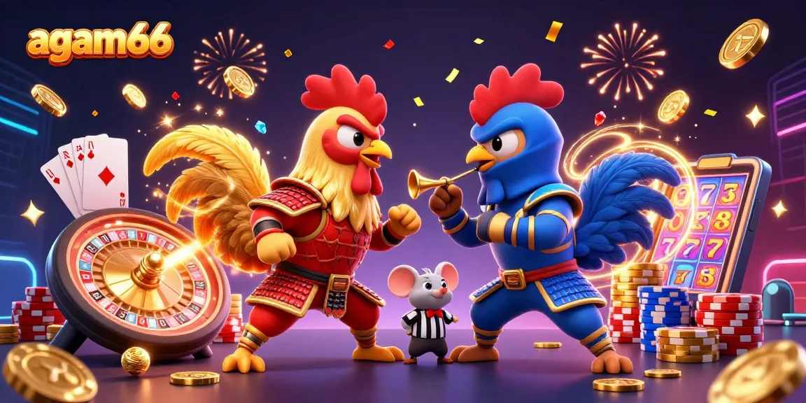 Experience high-stakes action with agam66 as roosters duel amidst golden coins and exciting game elements.