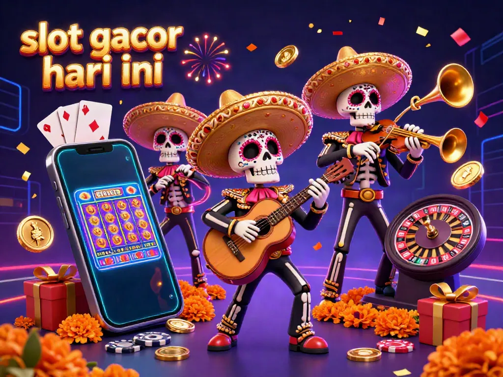 Meriahkan pengalaman slot gacor hari ini dengan ilustrasi band mariachi dan permainan slot bernuansa kasino.
