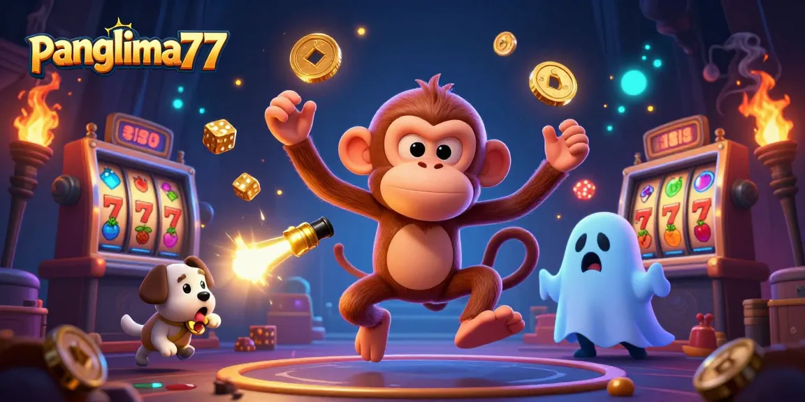 Panglima77 showcases a lively ghostly scene with characters juggling casino fortunes in a haunted atmosphere.