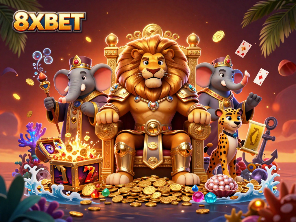 8XBET showcases a vibrant casino scene with dynamic characters, vivid slot game elements, and luxurious gold coins.