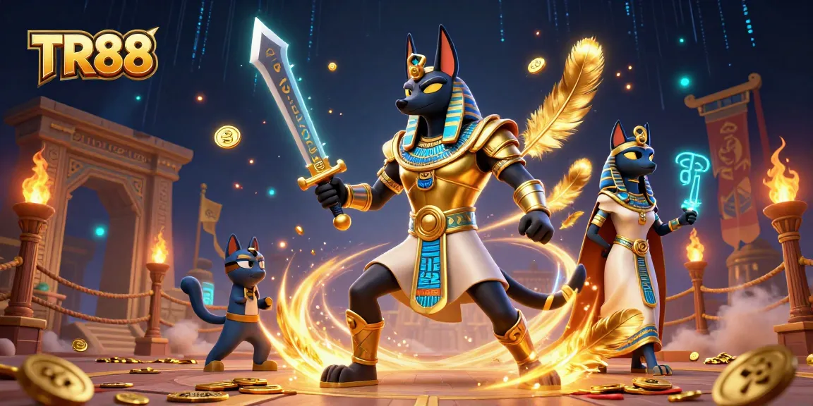 Engage in thrilling gameplay at TR88 with an ancient Egyptian warrior and priestess in a dynamic casino scene.