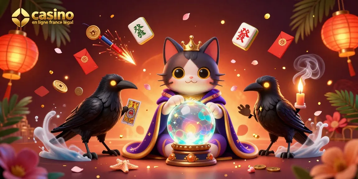 Vivez l'excitation du casino en ligne France légal avec des personnages mystiques et des éléments de jeu vibrants illuminant la scène.