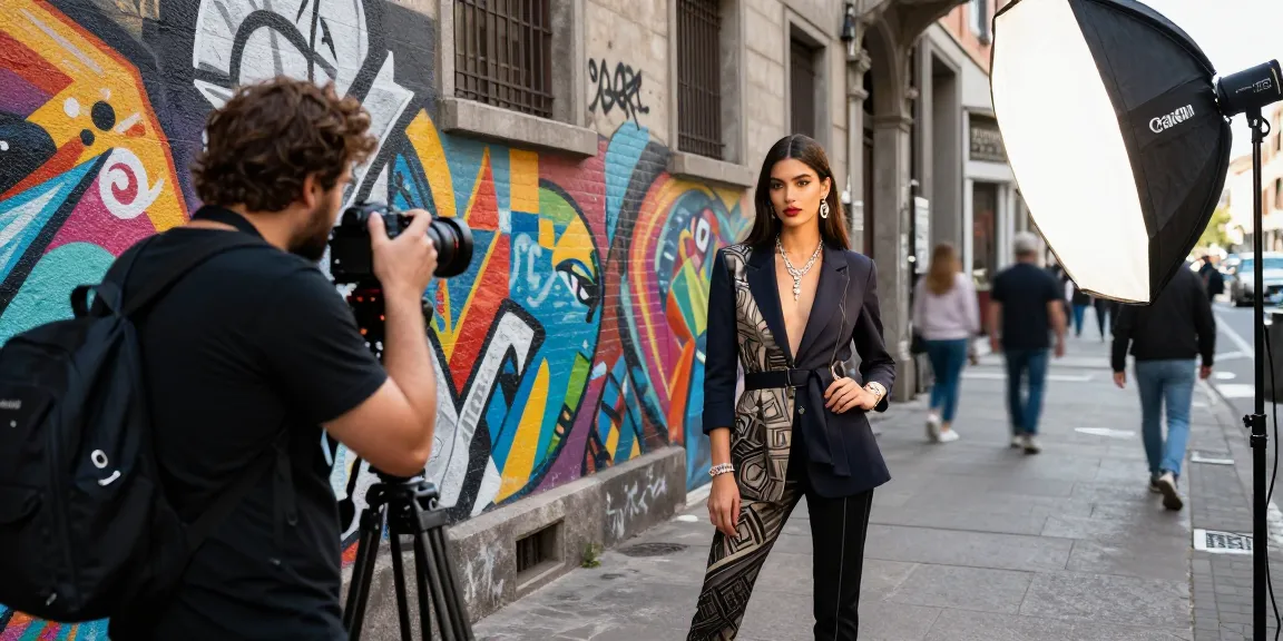 Fotografo professionista Milano cattura un modello in abbigliamento alla moda su una vivace strada urbana, con gioielli scintillanti e arte di strada sullo sfondo.