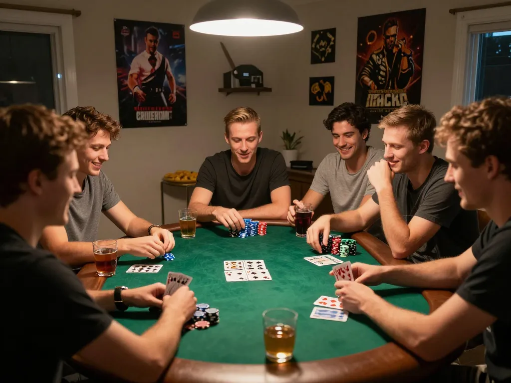 Friends engaging in a lively poker night while strategizing with Jeetbuzz actions at home.