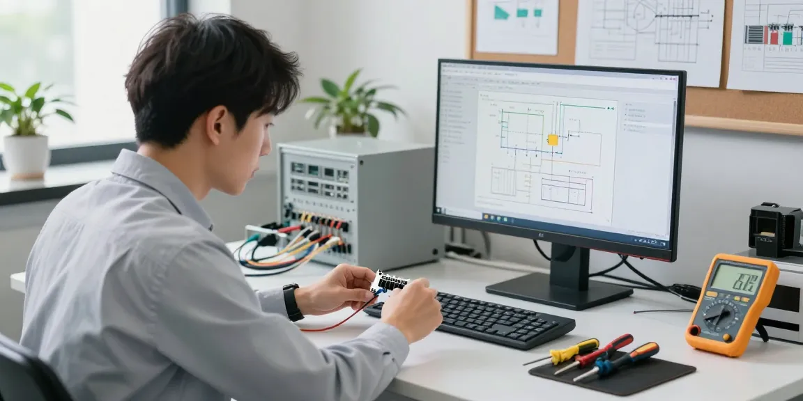 Assembling IEC connectors at a modern workspace, showcasing technical precision and tools.