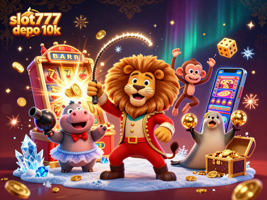 Experience vibrant gameplay with slot777 depo 10k in an exciting, whimsical casino scene.