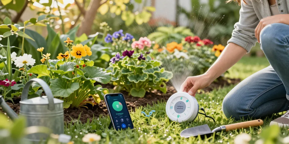 Using a rainpoint sprinkler timer to automate watering in a vibrant garden, optimizing growth.